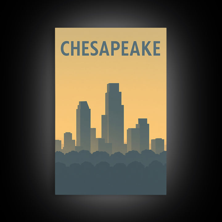 Chesapeake Virginia Travel Poster, Framed Canvas Print, Sunset Skyline Wall Art, Chesapeake Wall Art, Retro Travel Print, Home Office Decor