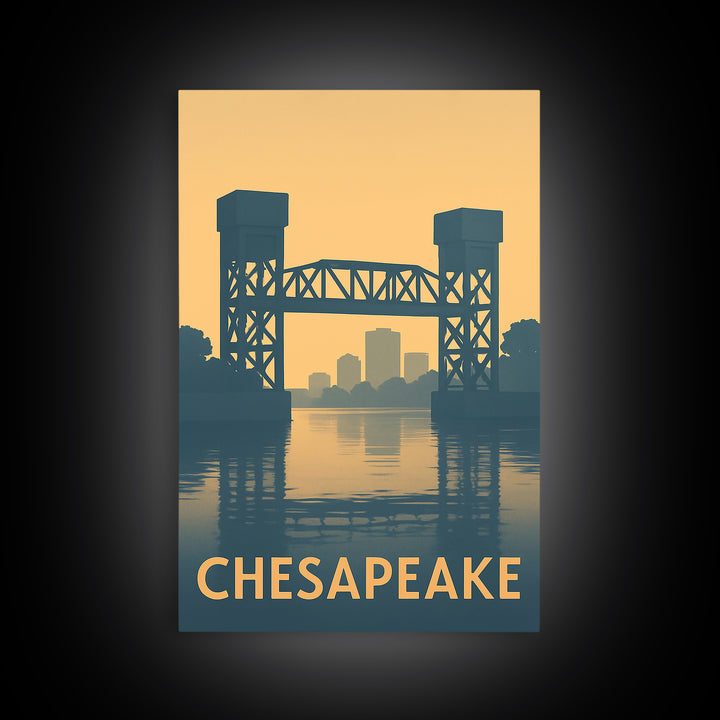 Chesapeake Travel Poster, Canvas Print, Sunset Skyline Wall Art, Chesapeake City Art, Retro Travel Print, Travel Wall Decor, Art Print