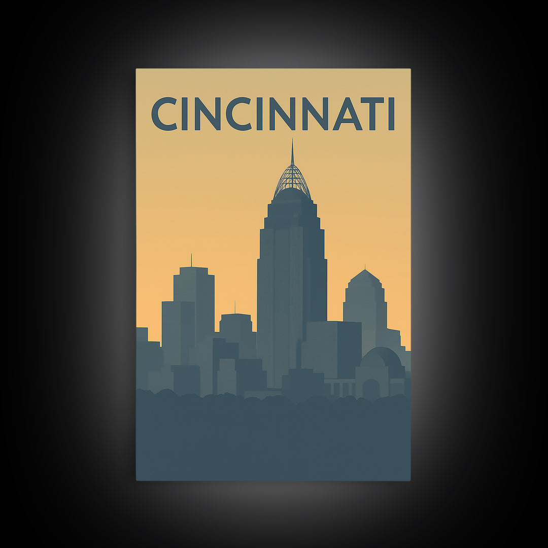 Cincinnati Ohio Travel Poster, Framed Canvas Print, Sunset Skyline Wall Art, Cincinnati Poster Print, Retro Travel Print, Home Office Decor