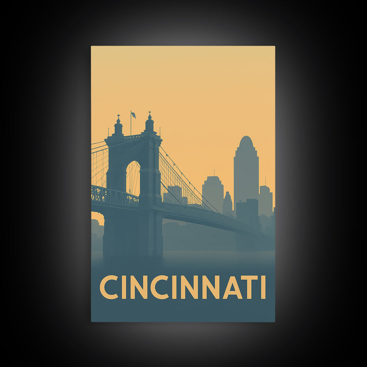 Cincinnati Travel Poster, Framed Canvas Print, Minimalist Retro Wall Art, Cincinnati Wall Art, Vintage Travel Print, Travel Poster Art