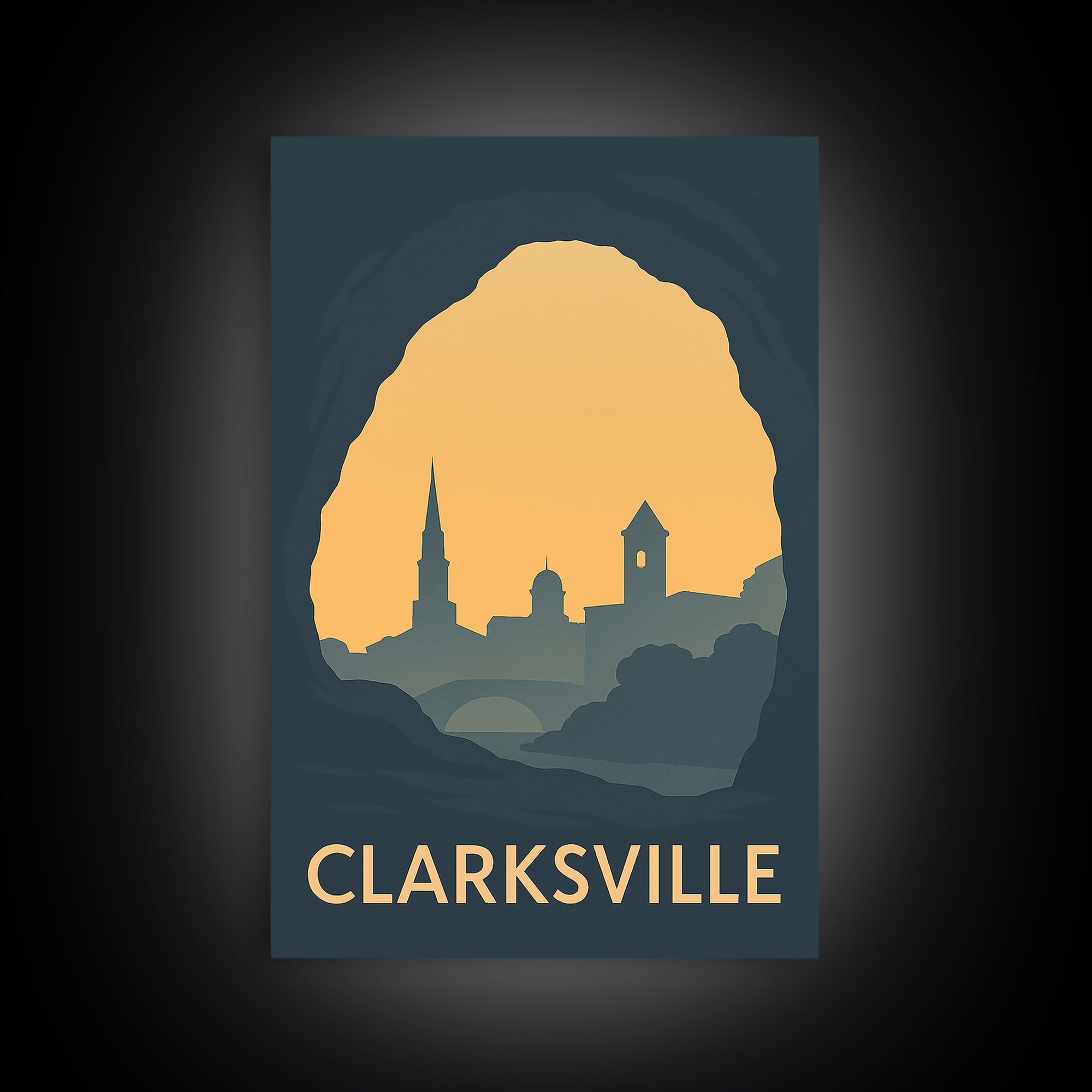 Clarksville Tennessee Travel Poster, Canvas Print, Sunset Skyline Wall Art, Clarksville Wall Art, City Travel Prints, Mid Century Wall Art