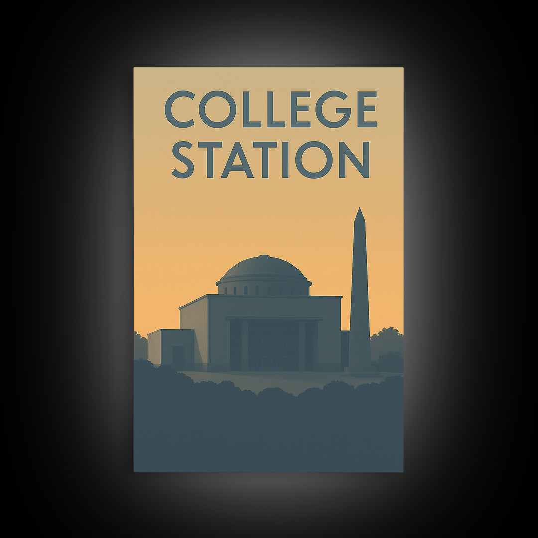 College Station Texas Travel Poster, Canvas Print, Sunset Skyline Wall Art, College Station Wall Art, Travel Art Print, Vintage City Art