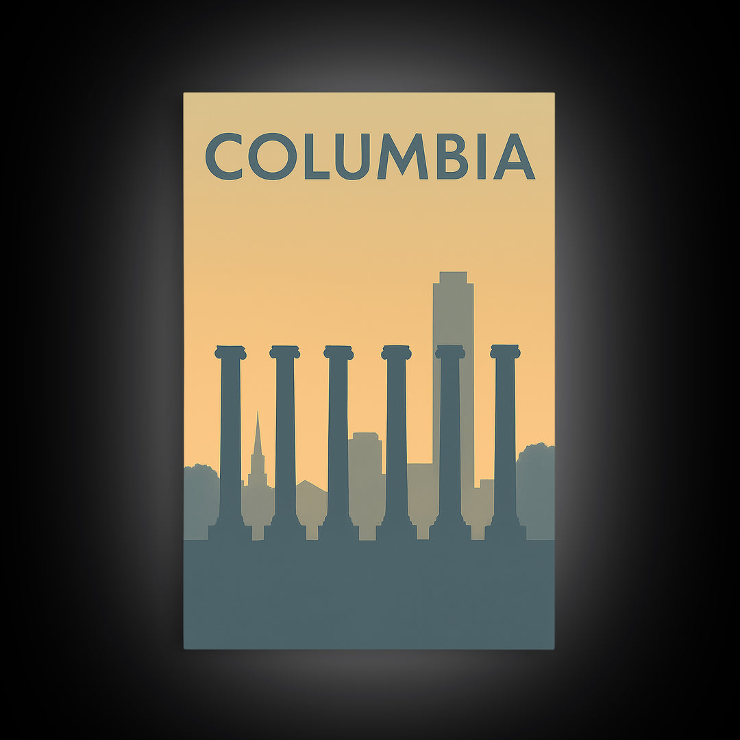 Columbia South Carolina Travel Poster, Canvas Print, Sunset Skyline Wall Art, Columbia Print, Art Print, Watercolor Downtown Skyline