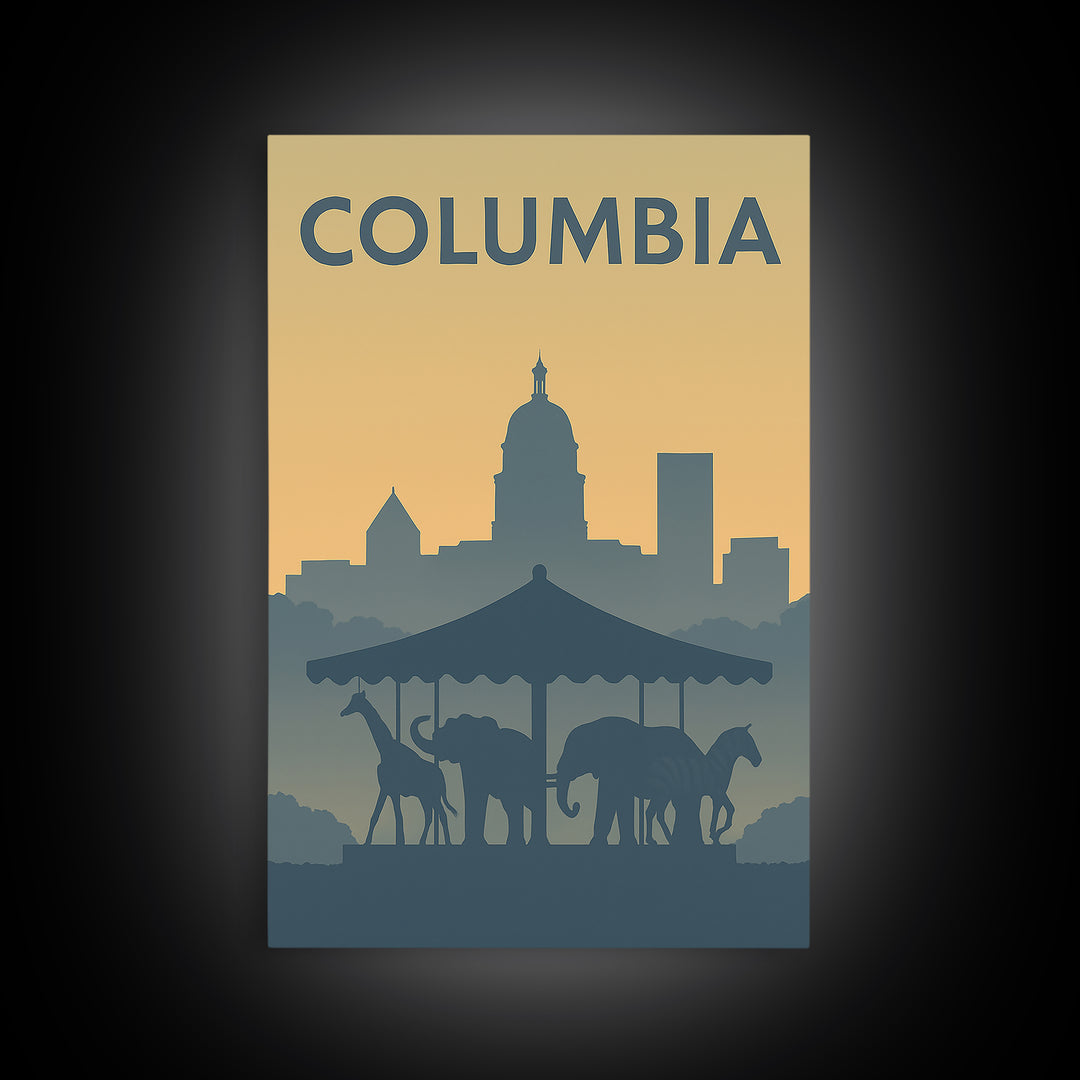 Columbia Travel Poster, Framed Canvas Print, Vintage City Poster Art, Columbia Travel Art, Mid Century Wall Art, Retro Travel Print