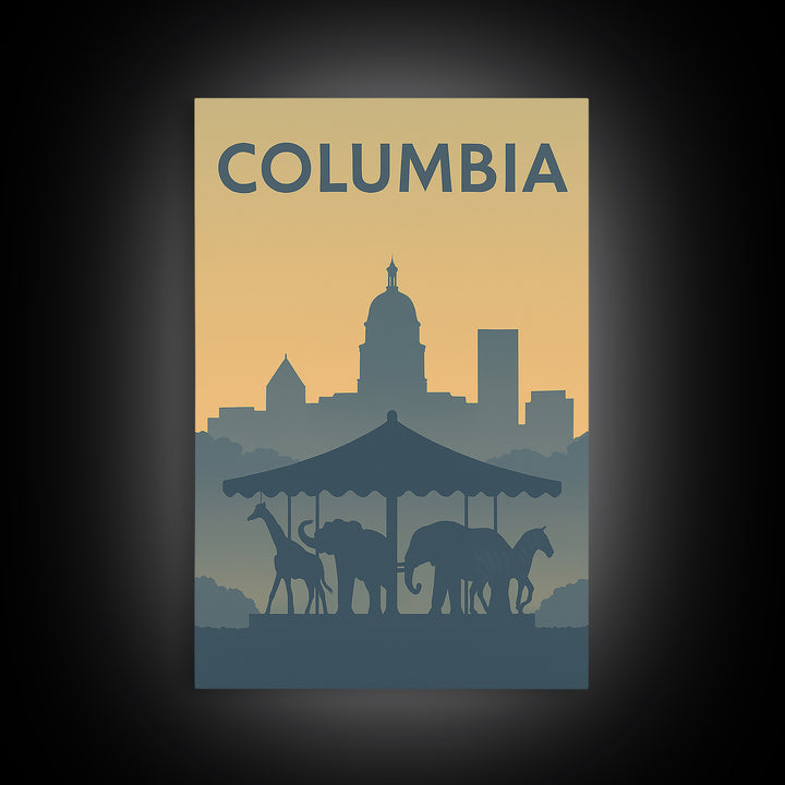 Columbia Travel Poster, Framed Canvas Print, Vintage City Poster Art, Columbia Travel Art, Mid Century Wall Art, Retro Travel Print