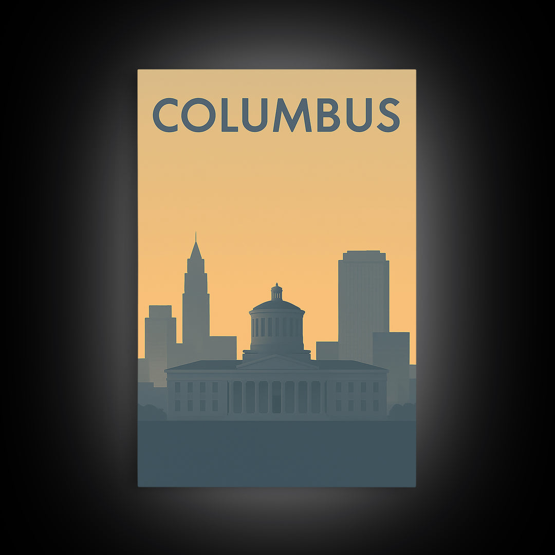 Columbus Travel Poster, Framed Canvas Print, Sunset Skyline Wall Art, Columbus Poster Print, Travel Wall Art, Travel Poster Art