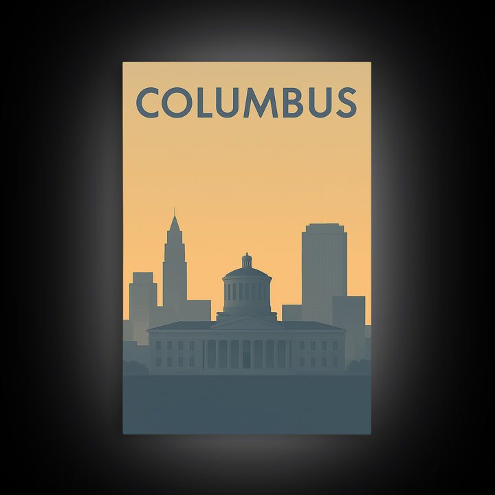 Columbus Travel Poster, Framed Canvas Print, Sunset Skyline Wall Art, Columbus Poster Print, Travel Wall Art, Travel Poster Art