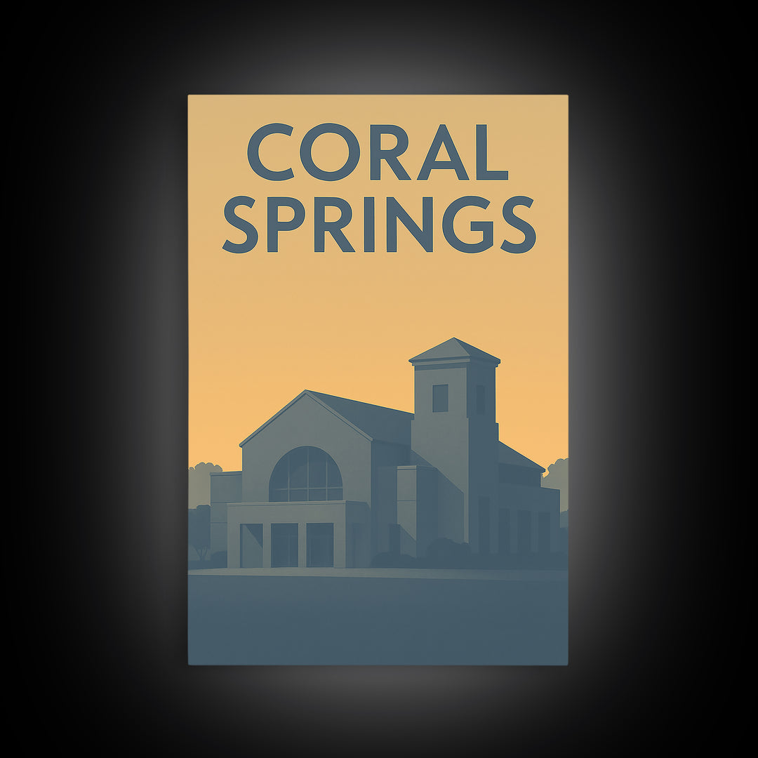 Coral Springs Travel Poster, Framed Canvas Print, Sunset Skyline Wall Art, Coral Springs Wall Art, City Travel Prints, City Illustration