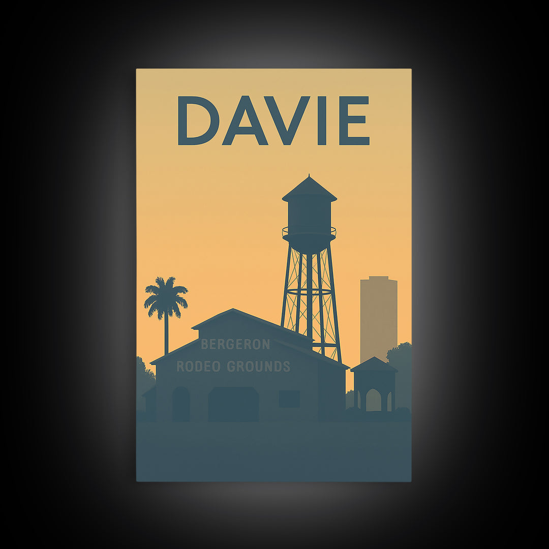 Davie Florida Travel Poster, Framed Canvas Print, Sunset Skyline Wall Art, Davie Art Print, Mid Century Wall Art, City Travel Prints