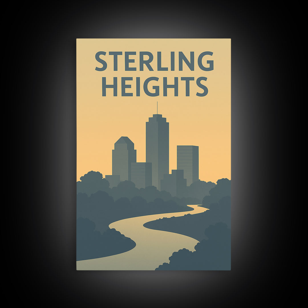 Sterling Heights Travel Poster, Canvas Print, Sunset Skyline Wall Art, Sterling Heights Travel Art, Watercolor Urban Skyline, Office Decor