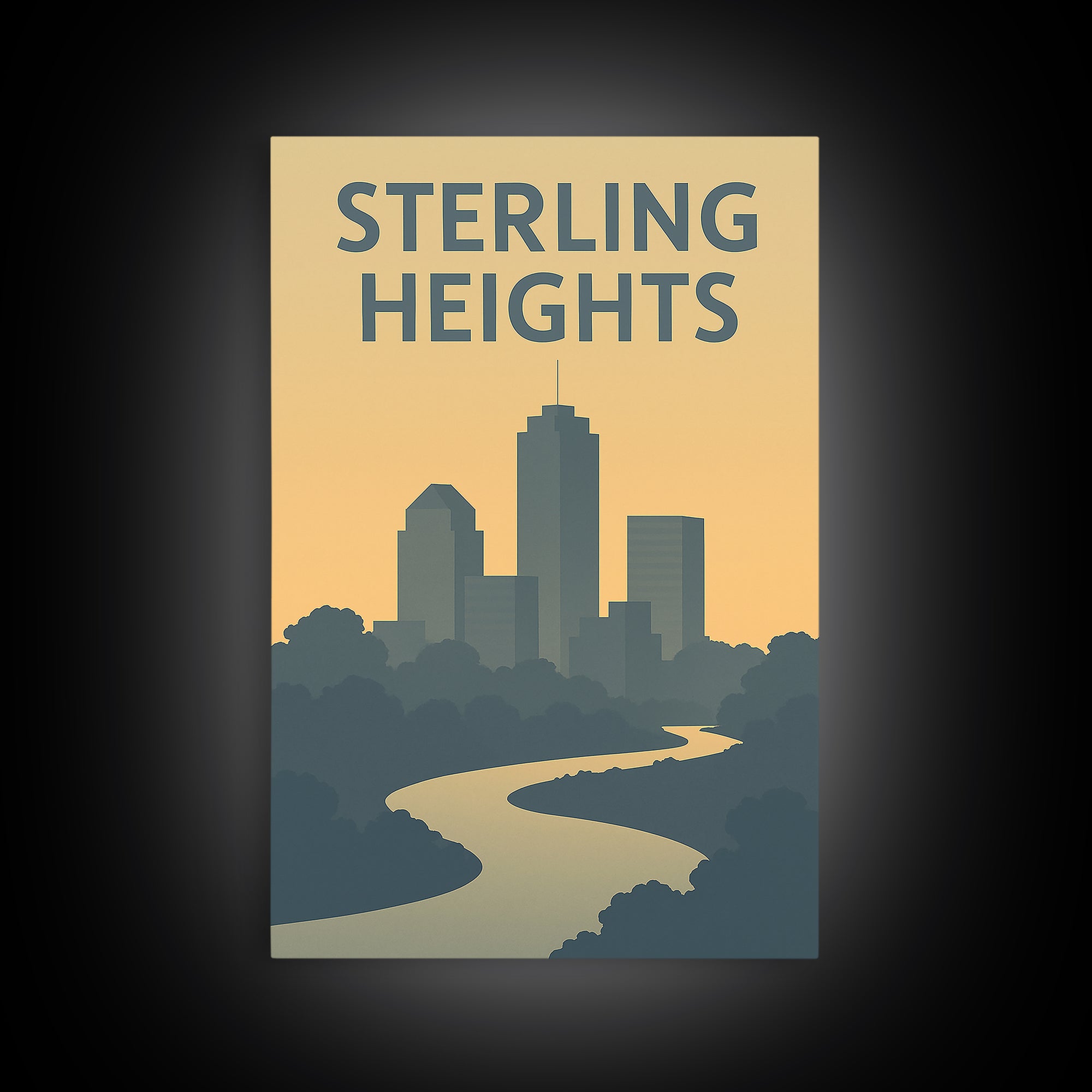 Sterling Heights Travel Poster, Canvas Print, Sunset Skyline Wall Art, Sterling Heights Travel Art, Watercolor Urban Skyline, Office Decor