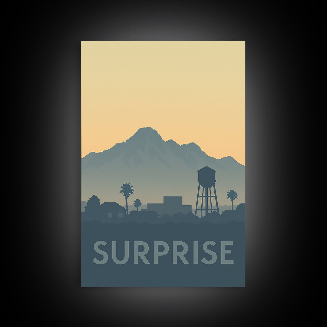 Surprise Travel Poster, Framed Canvas Print, Sunset Skyline Wall Art, Surprise Poster Print, Travel Poster Art, Eclectic Wall Decor