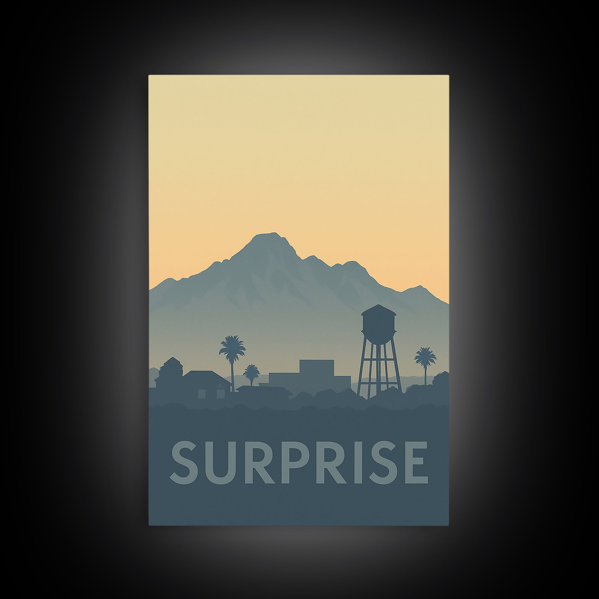 Surprise Travel Poster, Framed Canvas Print, Sunset Skyline Wall Art, Surprise Poster Print, Travel Poster Art, Eclectic Wall Decor