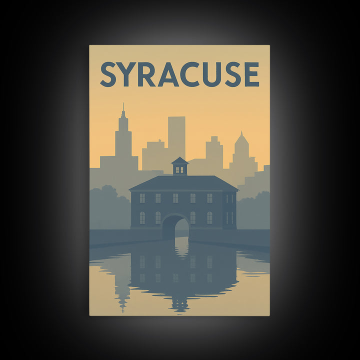 Syracuse New York Travel Poster, Framed Canvas Print, Sunset Skyline Wall Art, Syracuse City Art, Retro Travel Print, Modern Wall Decor