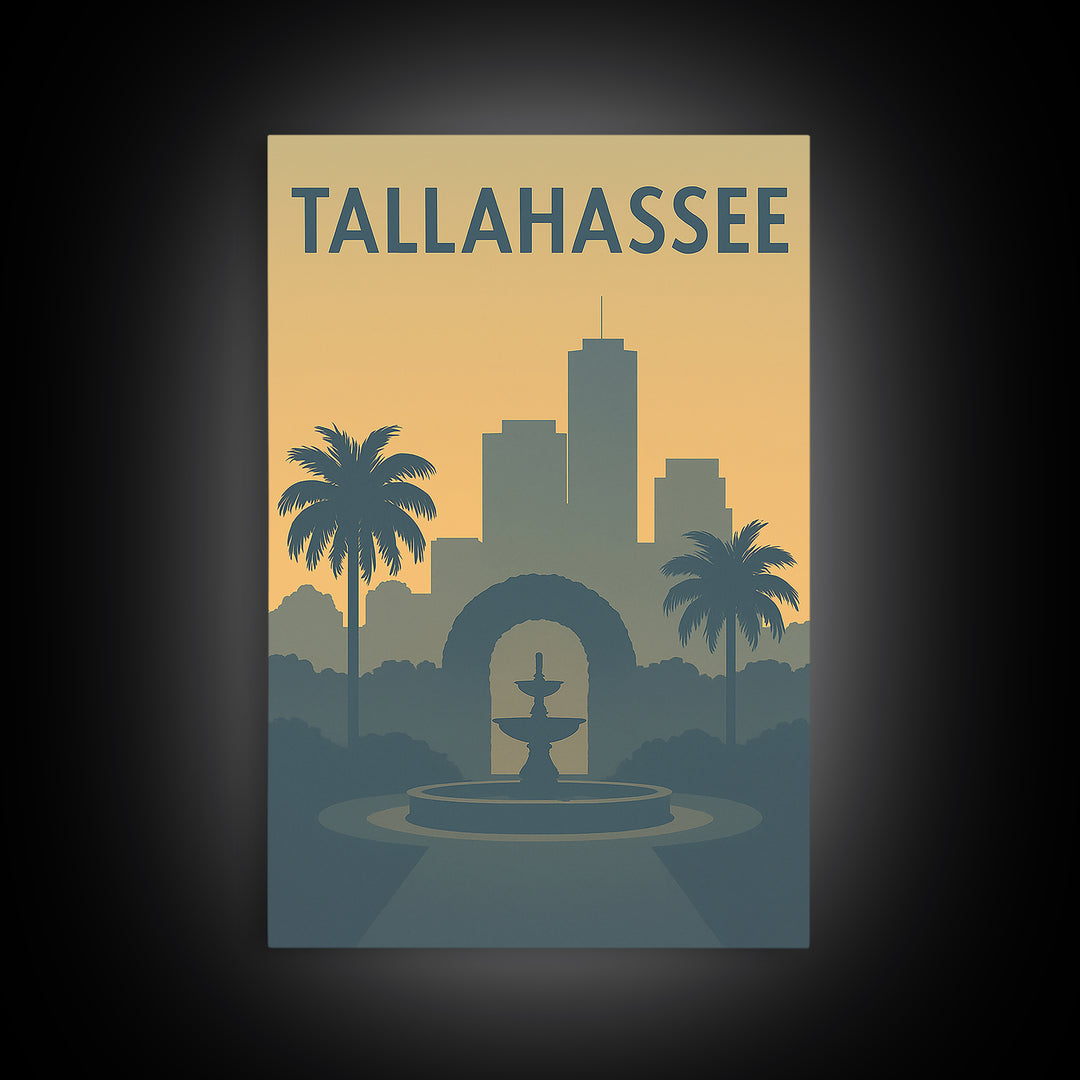 Tallahassee Florida Travel Poster, Framed Canvas Print, Mid Century Travel Art, Tallahassee Wall Art, City Art Print, Modern Wall Decor