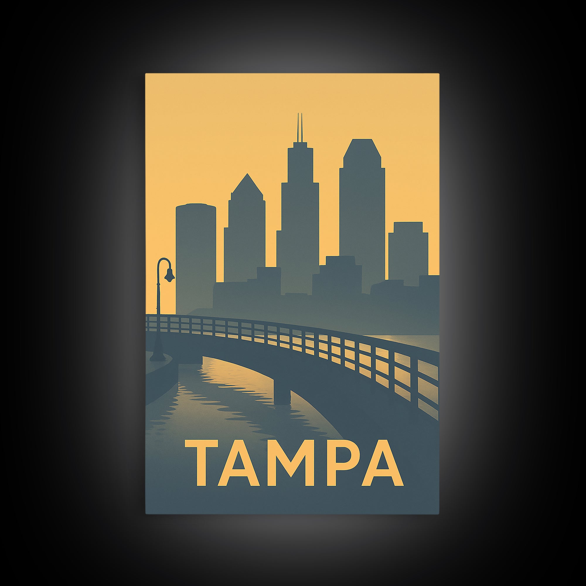 Tampa Florida Travel Poster, Framed Canvas Print, Mid Century Travel Art, Tampa Travel Art, Mid Century Wall Art, Watercolor City Skyline