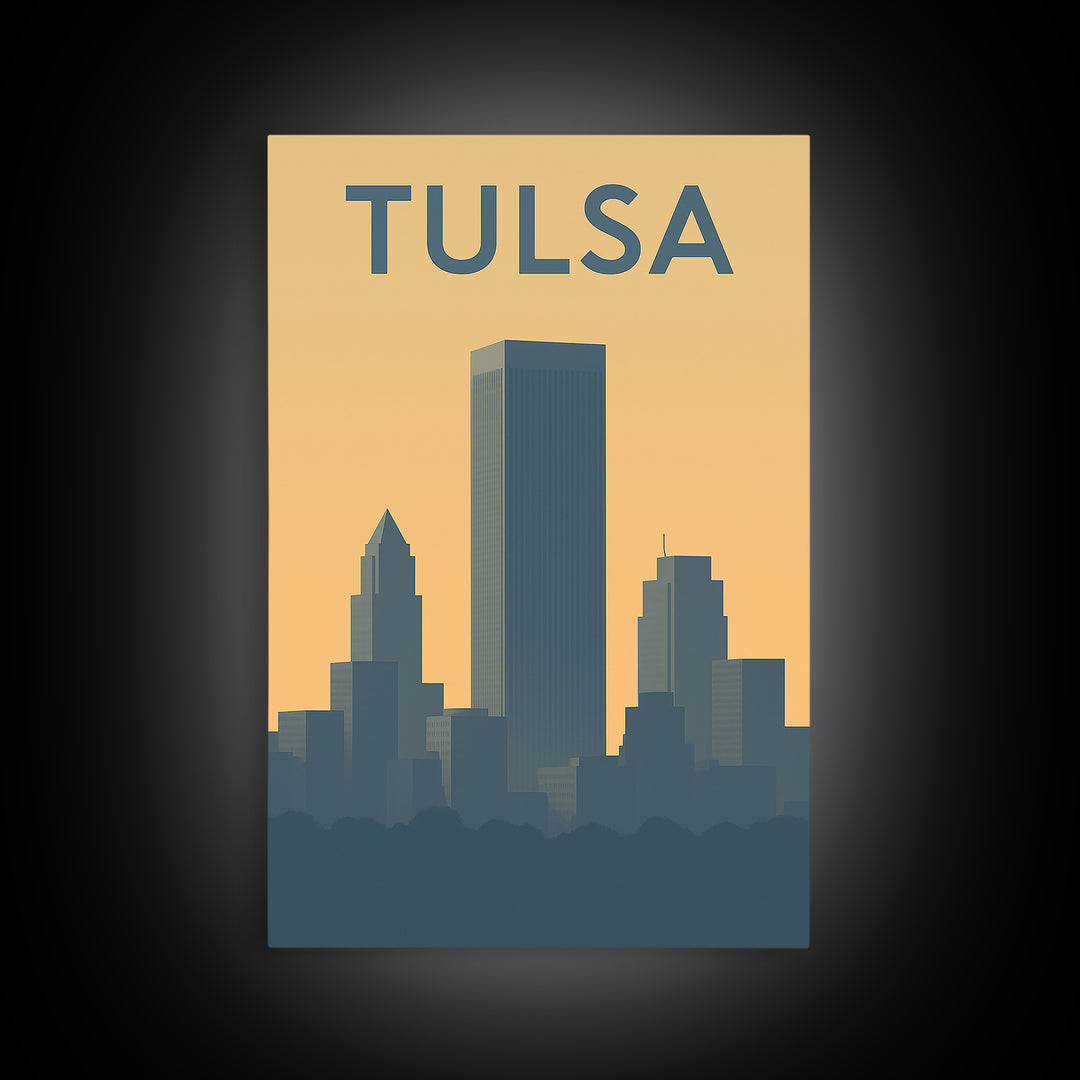 Tulsa Travel Poster, Framed Canvas Print, Sunset Skyline Wall Art, Tulsa Art Print, City Travel Prints, Wanderlust Decor, Travel Wall Decor