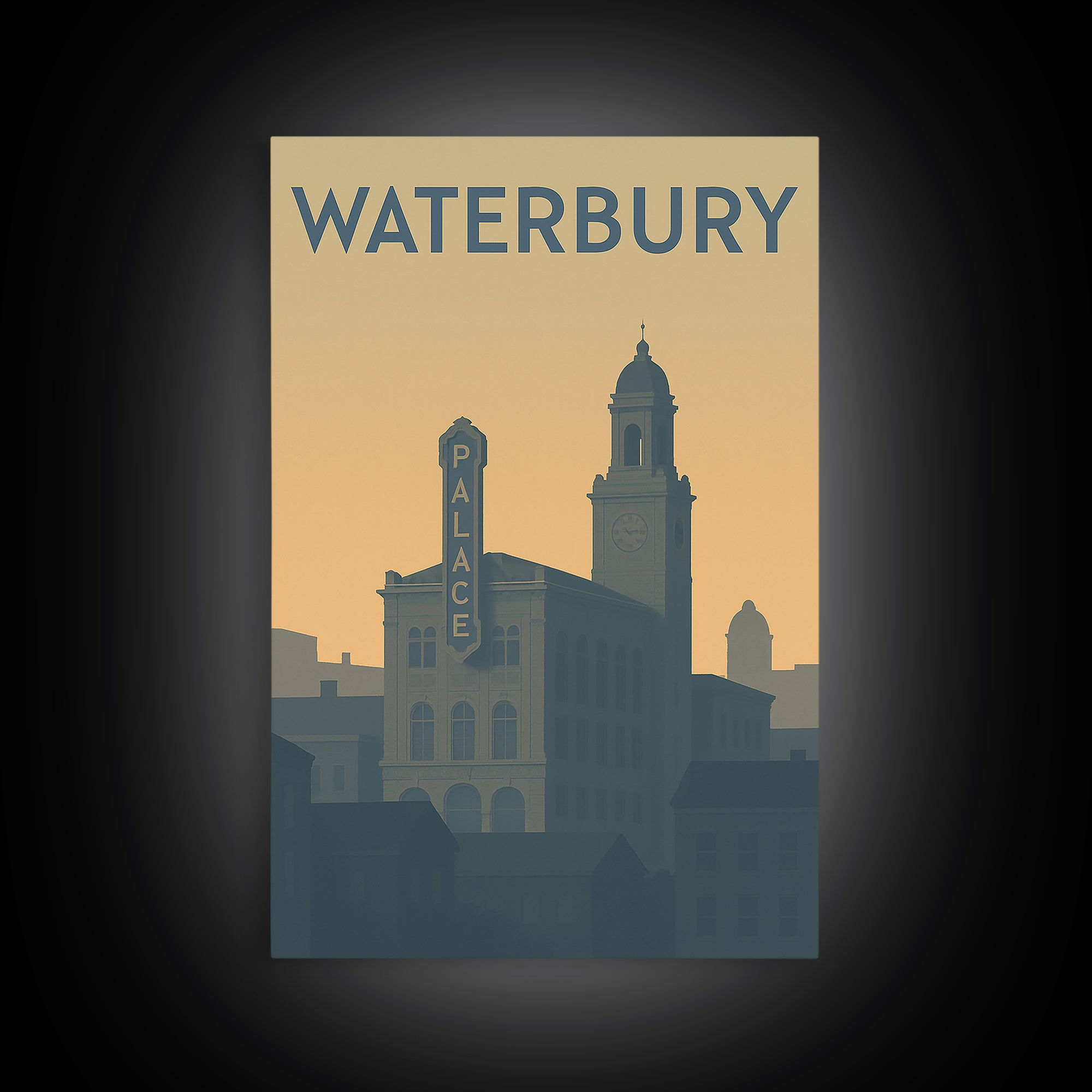 Waterbury Travel Poster, Framed Canvas Print, Minimalist Retro Wall Art, Waterbury Poster Print, Retro Travel Print, Modern Wall Decor