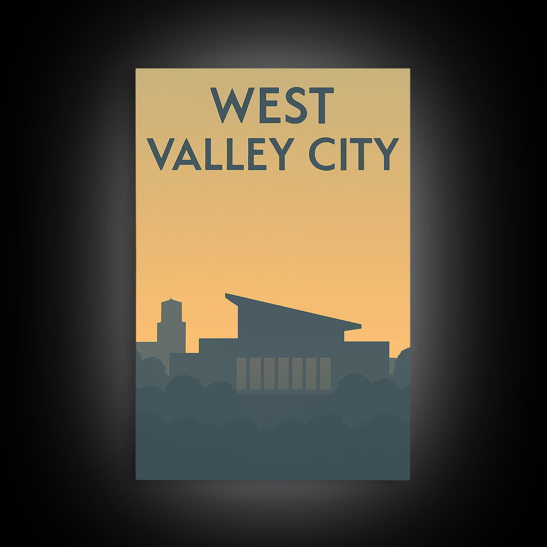 West Valley City Travel Poster, Framed Canvas Print, Minimalist Retro Wall Art, West Valley City City Art, Watercolor Downtown Skyline