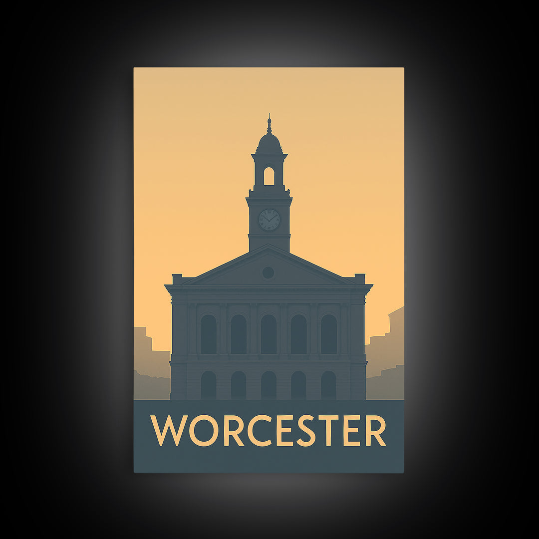 Worcester Massachusetts Travel Poster, Canvas Print, Mid Century Travel Art, Worcester Poster Print, Modern Wall Decor, Home Office Decor