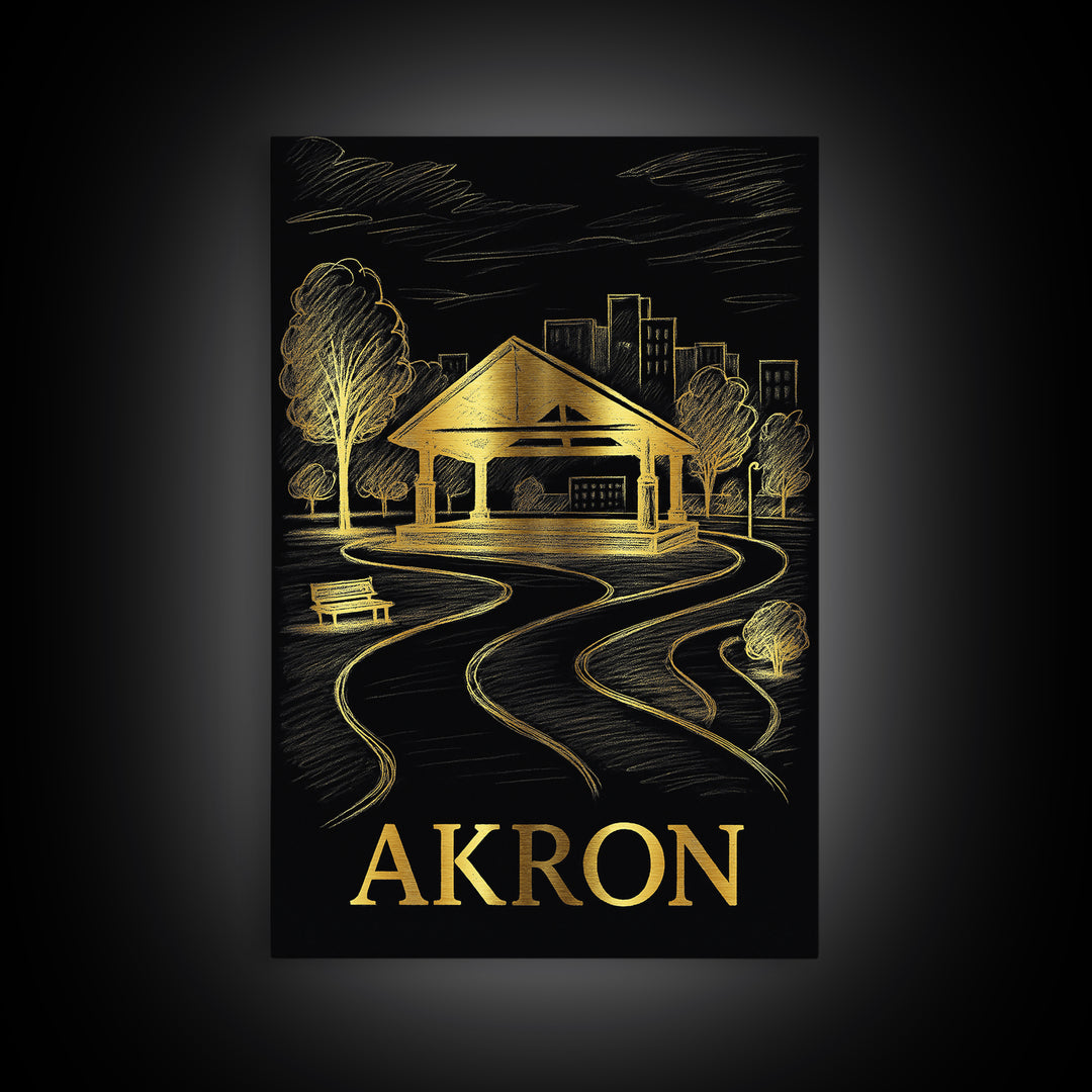 Akron Travel Poster, Framed Canvas Print, Dark Background Poster Art, Akron Art Print, Living Room Wall Art, Vintage City Art, Design 2