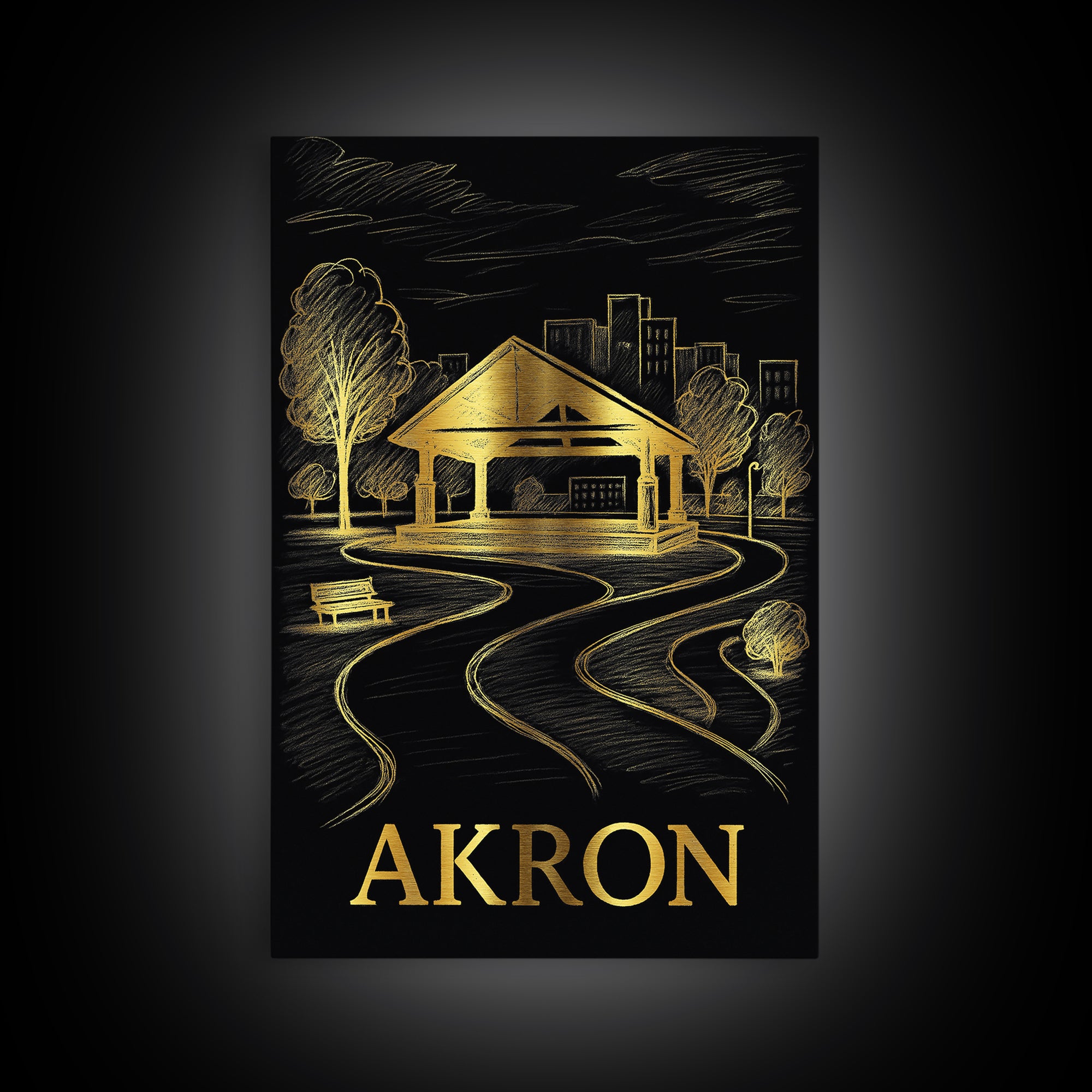 Akron Travel Poster, Framed Canvas Print, Dark Background Poster Art, Akron Art Print, Living Room Wall Art, Vintage City Art, Design 2