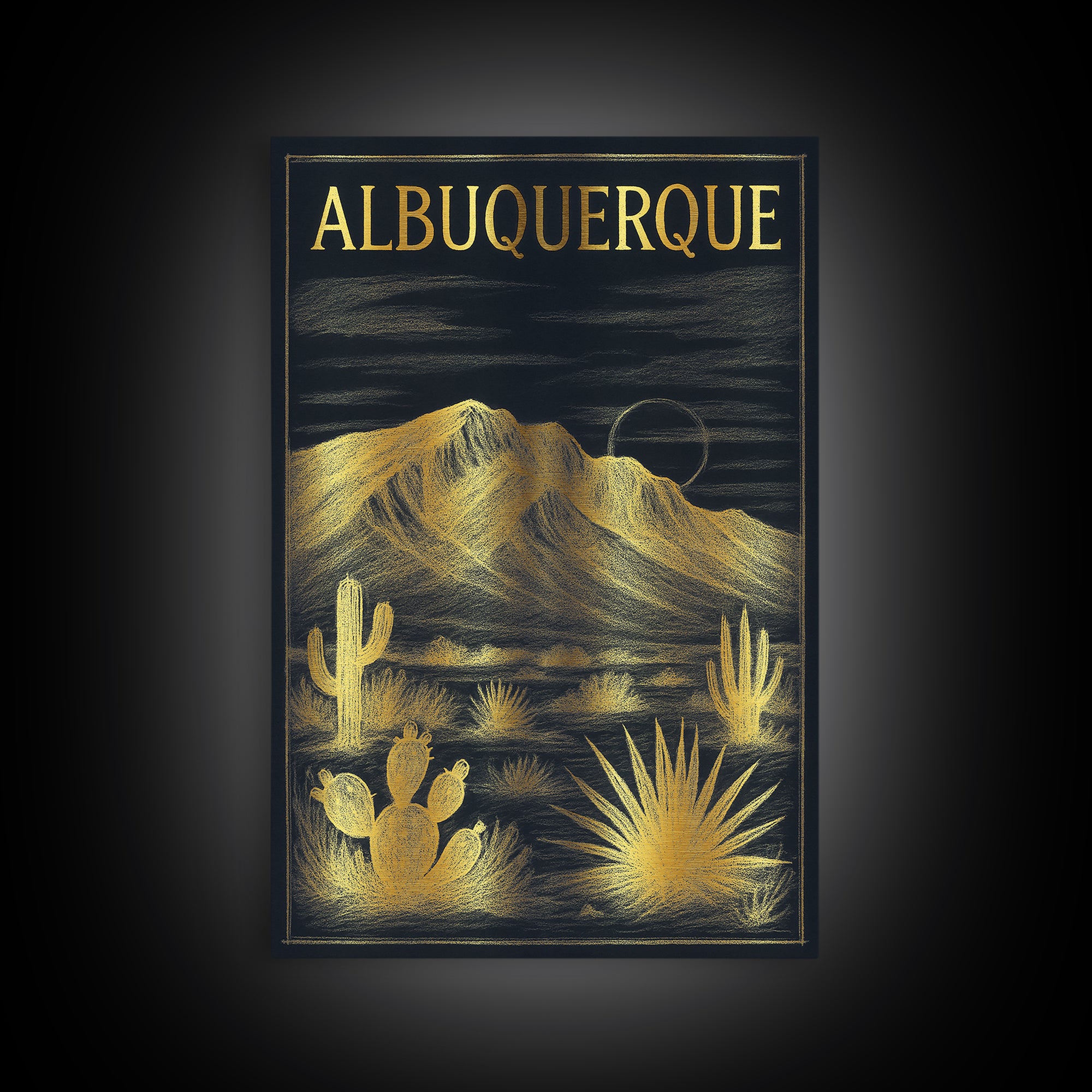 Albuquerque New Mexico Travel Poster, Framed Canvas Print, Elegant Gold City Art, Albuquerque Wall Art, Wanderlust Decor, Travel Wall Art