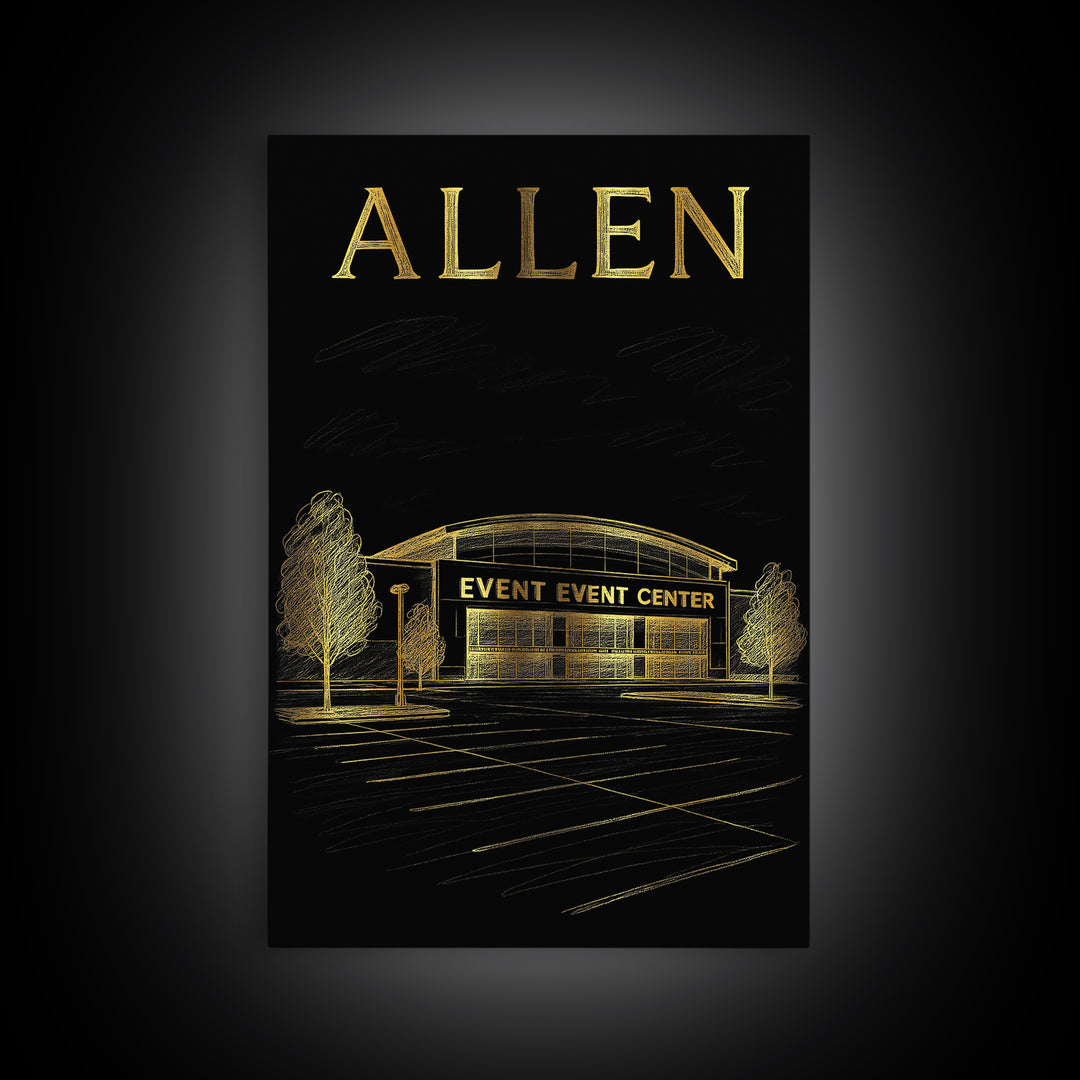 Allen Texas Travel Poster, Canvas Print, Gold Sketch Wall Art, Allen City Art, Gift For Travelers, Eclectic Wall Decor, Travel Art Print