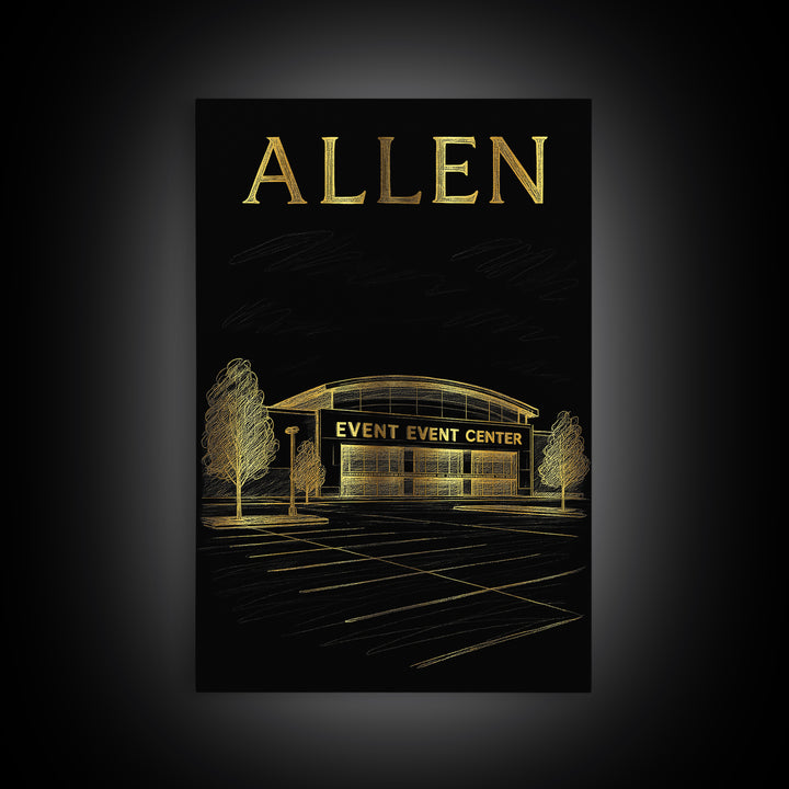 Allen Texas Travel Poster, Canvas Print, Gold Sketch Wall Art, Allen City Art, Gift For Travelers, Eclectic Wall Decor, Travel Art Print
