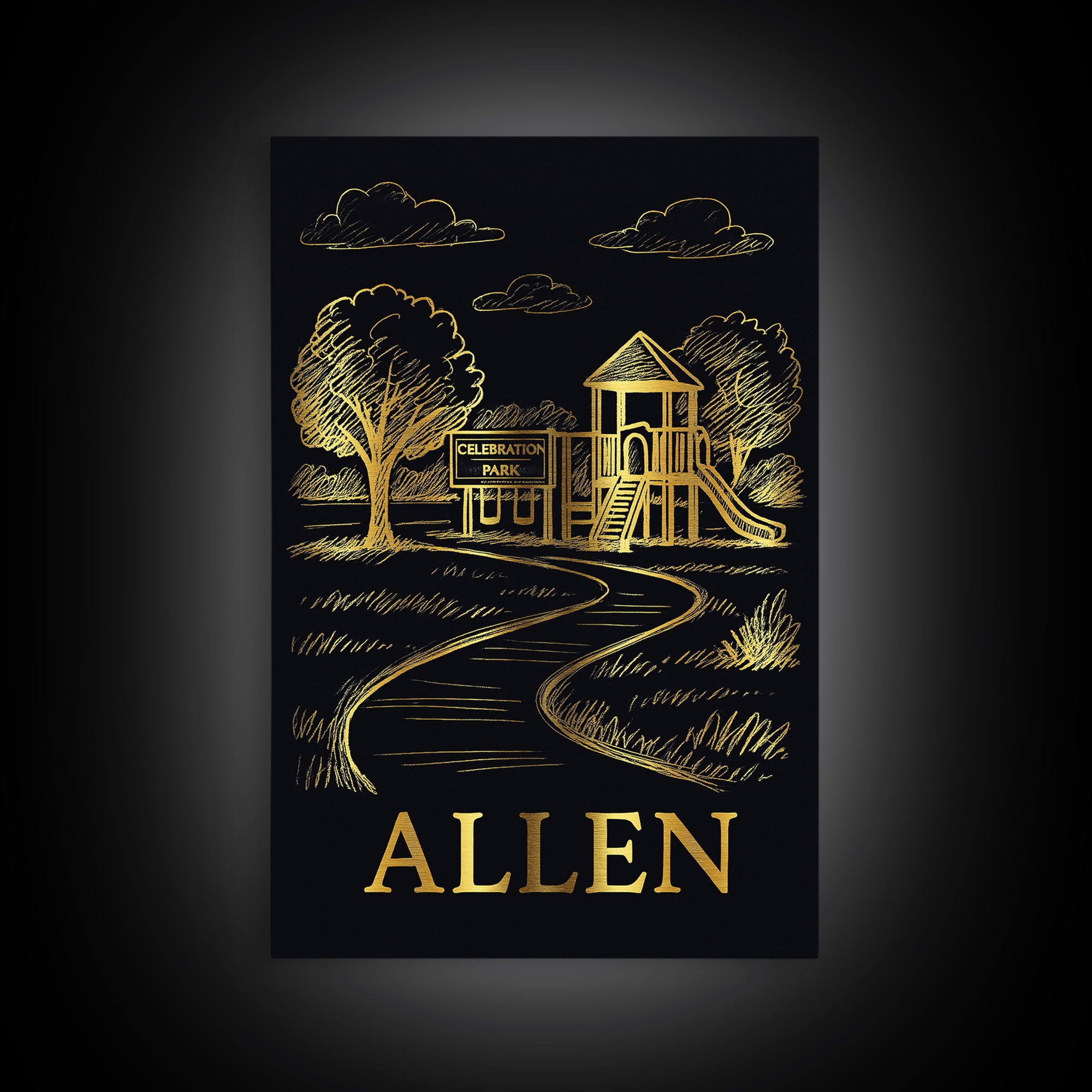 Allen Travel Poster, Canvas Print, Gold Sketch Wall Art, Allen Travel Art, Mid Century Wall Art, Travel Art Print, Watercolor City Skyline