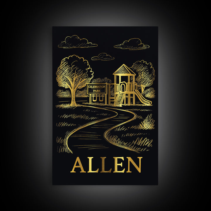 Allen Travel Poster, Canvas Print, Gold Sketch Wall Art, Allen Travel Art, Mid Century Wall Art, Travel Art Print, Watercolor City Skyline