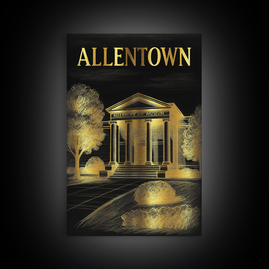 Allentown Pennsylvania Travel Poster, Canvas Print, Elegant Gold City Art, Allentown Travel Art, Living Room Wall Art, Vintage City Poster