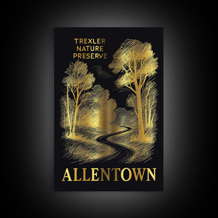Allentown Travel Poster, Framed Canvas Print, Gold Sketch Wall Art, Allentown Wall Art, Mid Century Wall Art, Vintage Travel Print