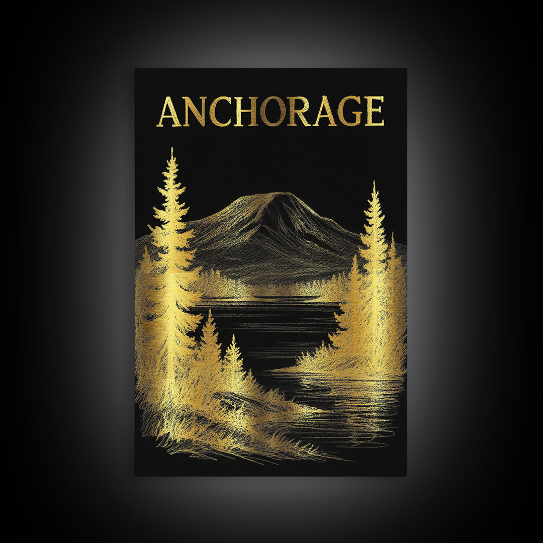 Anchorage Alaska Travel Poster, Canvas Print, Black And Gold Line Art, Anchorage Travel Art, Wall Art, Travel Wall Decor, Design 1