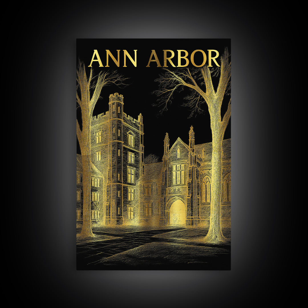 Ann Arbor Michigan Travel Poster, Canvas Print, Black And Gold Line Art, Ann Arbor Wall Art, Travel Art Print, Wall Art, City Art Print