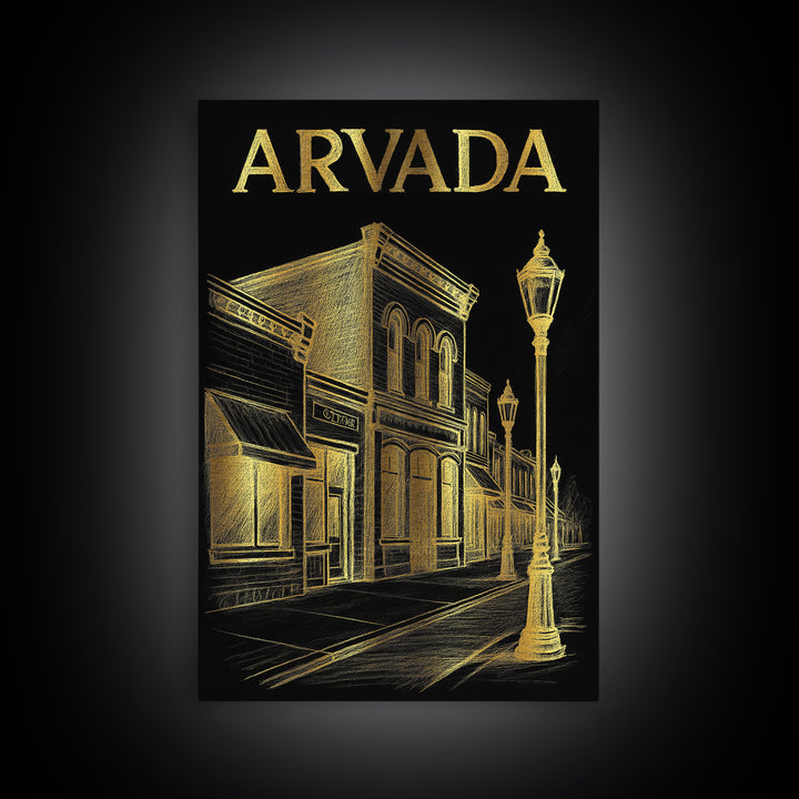 Arvada Colorado Travel Poster, Canvas Print, Black And Gold Line Art, Arvada Travel Art, Travel Art Print, Home Office Decor, Travel Prints