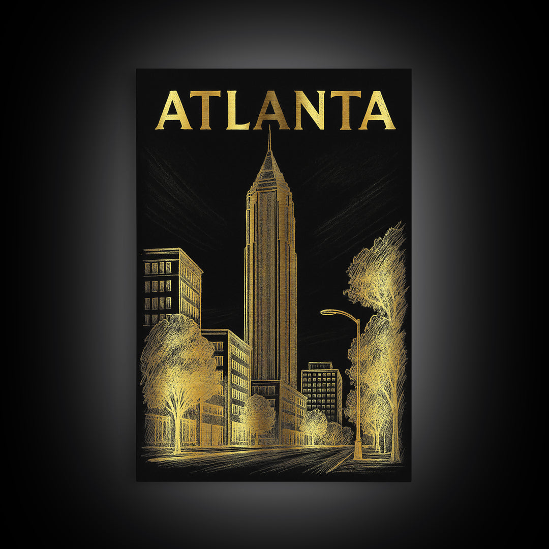 Atlanta Georgia Travel Poster, Framed Canvas Print, Dark Background Poster Art, Atlanta City Art, Vintage City Art, Living Room Wall Art