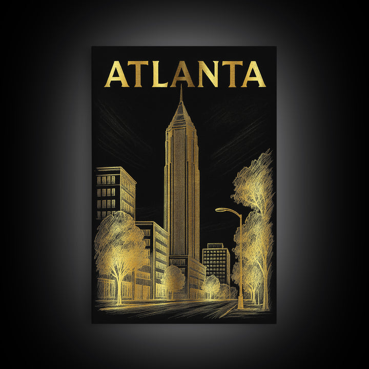 Atlanta Georgia Travel Poster, Framed Canvas Print, Dark Background Poster Art, Atlanta City Art, Vintage City Art, Living Room Wall Art