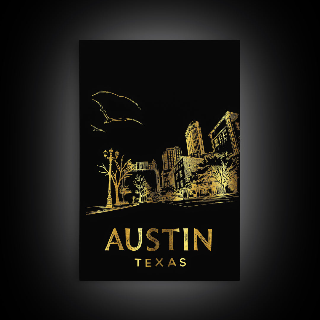 Austin Texas Travel Poster, Canvas Print, Elegant Gold City Art, Austin Travel Art, Home Office Decor, Retro Travel Print, Travel Poster Art