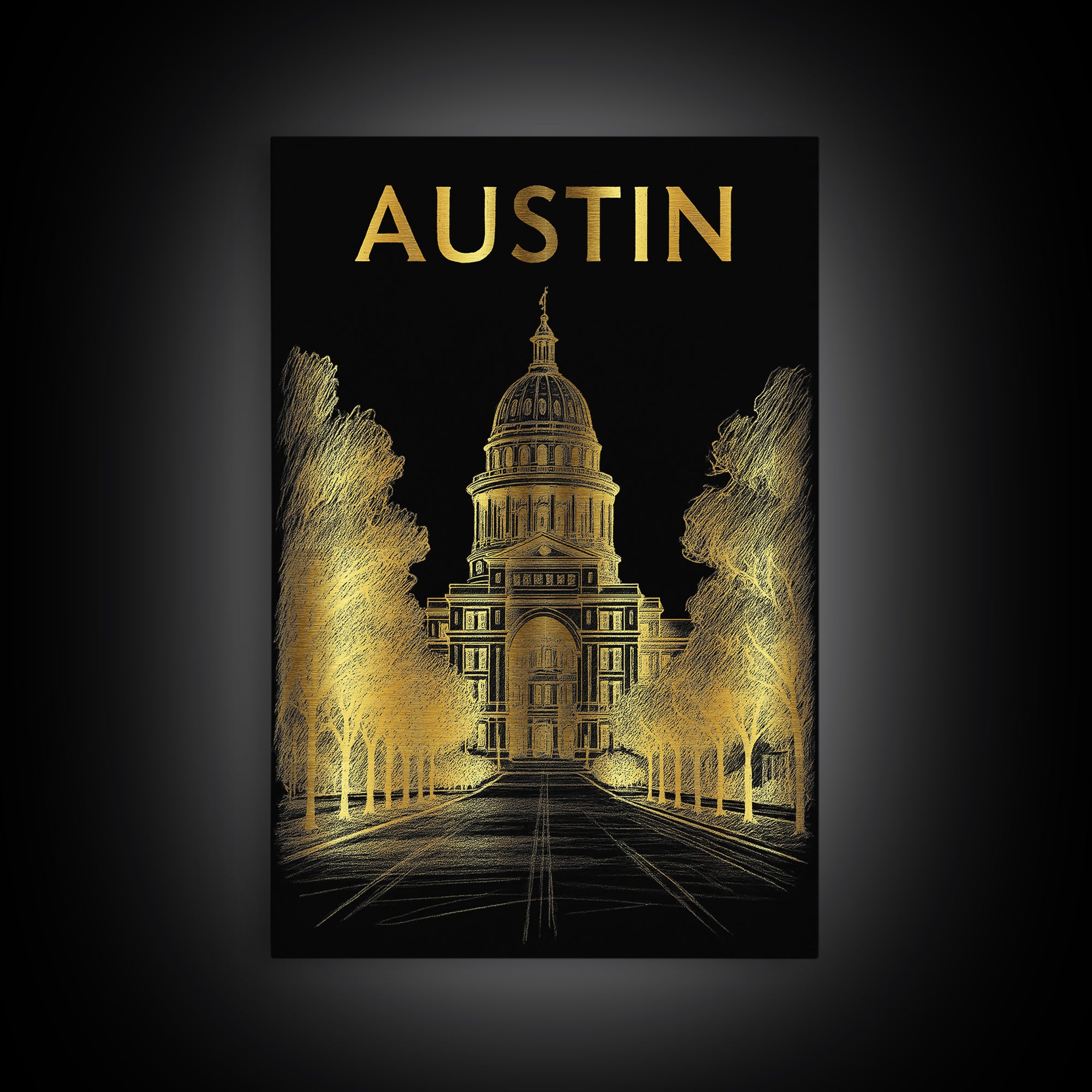 Austin Travel Poster, Framed Canvas Print, Black And Gold Line Art, Austin Poster Print, Gift For Travelers, City Travel Prints
