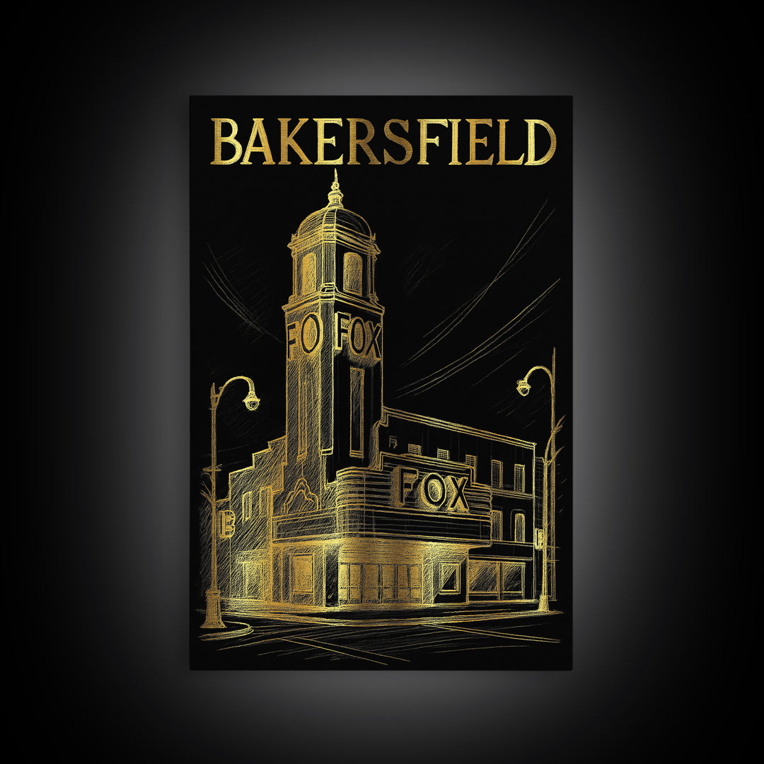 Bakersfield California Travel Poster, Canvas Print, Elegant Gold City Art, Bakersfield Art Print, Watercolor Skyline, Retro Travel Print