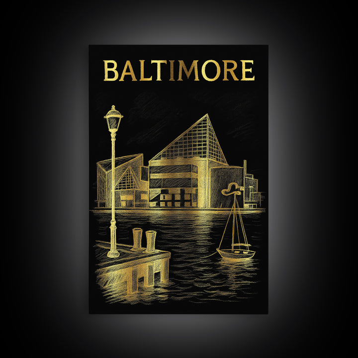 Baltimore Maryland Travel Poster, Framed Canvas Print, Gold Sketch Wall Art, Baltimore Poster Print, Mid Century Wall Art, Wanderlust Decor