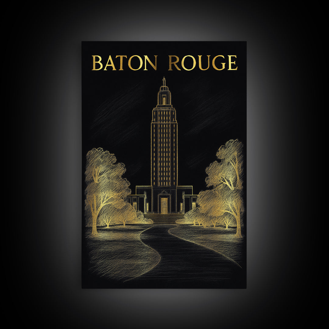 Baton Rouge Louisiana Travel Poster, Canvas Print, Black And Gold Line Art, Baton Rouge Travel Art, Home Office Decor, Eclectic Wall Decor