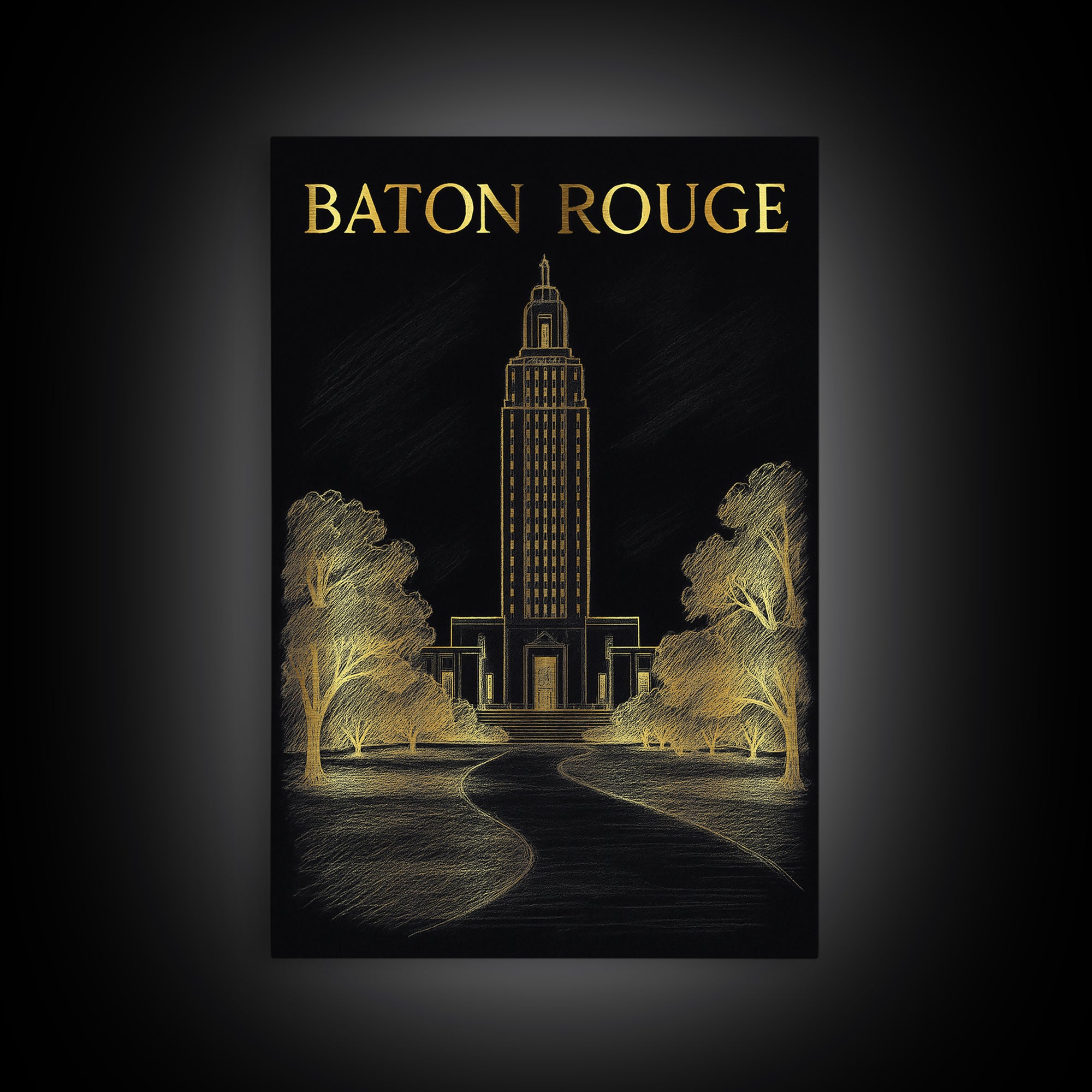 Baton Rouge Louisiana Travel Poster, Canvas Print, Black And Gold Line Art, Baton Rouge Travel Art, Home Office Decor, Eclectic Wall Decor