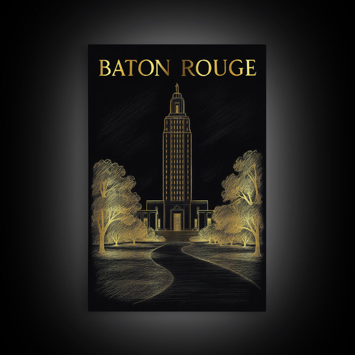 Baton Rouge Louisiana Travel Poster, Canvas Print, Black And Gold Line Art, Baton Rouge Travel Art, Home Office Decor, Eclectic Wall Decor