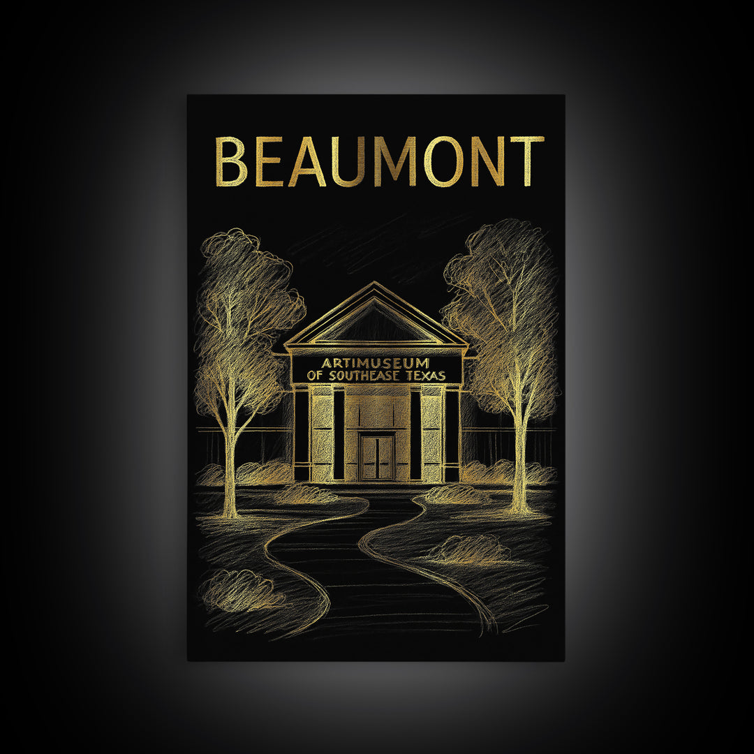 Beaumont Texas Travel Poster, Canvas Print, Gold Sketch Wall Art, Beaumont City Art, Wall Art, Travel Art Print, Wanderlust Decor