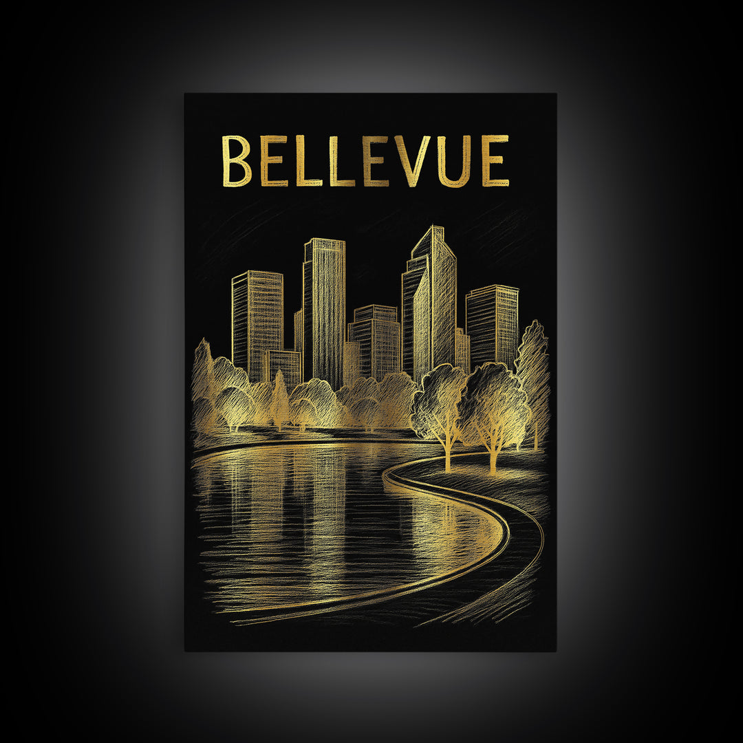 Bellevue Washington Travel Poster, Canvas Print, Black And Gold Line Art, Bellevue City Art, Travel Art Print, Travel Wall Decor, Design 1
