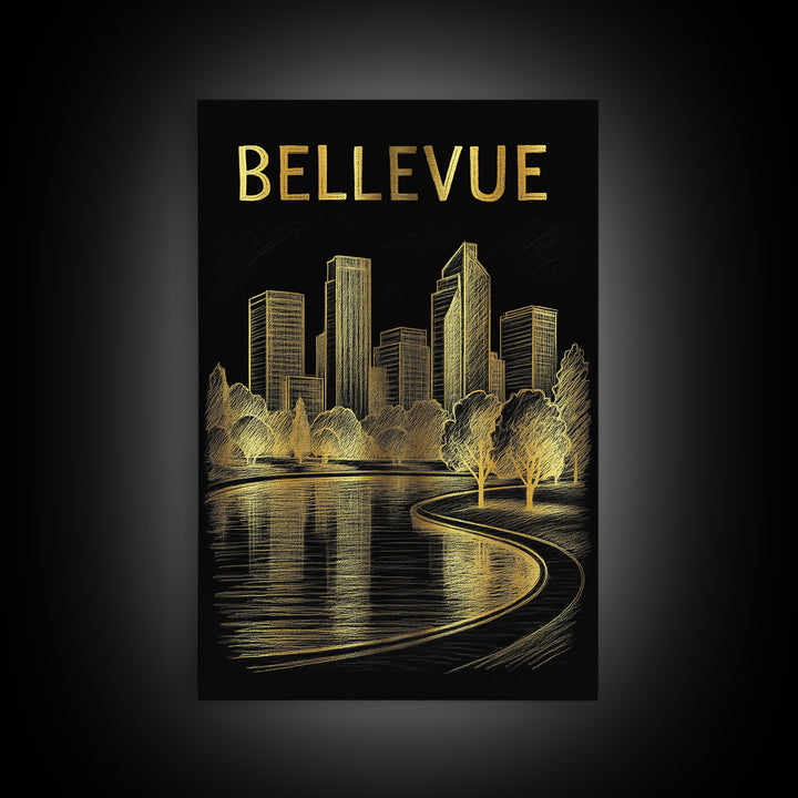 Bellevue Washington Travel Poster, Canvas Print, Black And Gold Line Art, Bellevue City Art, Travel Art Print, Travel Wall Decor, Design 1