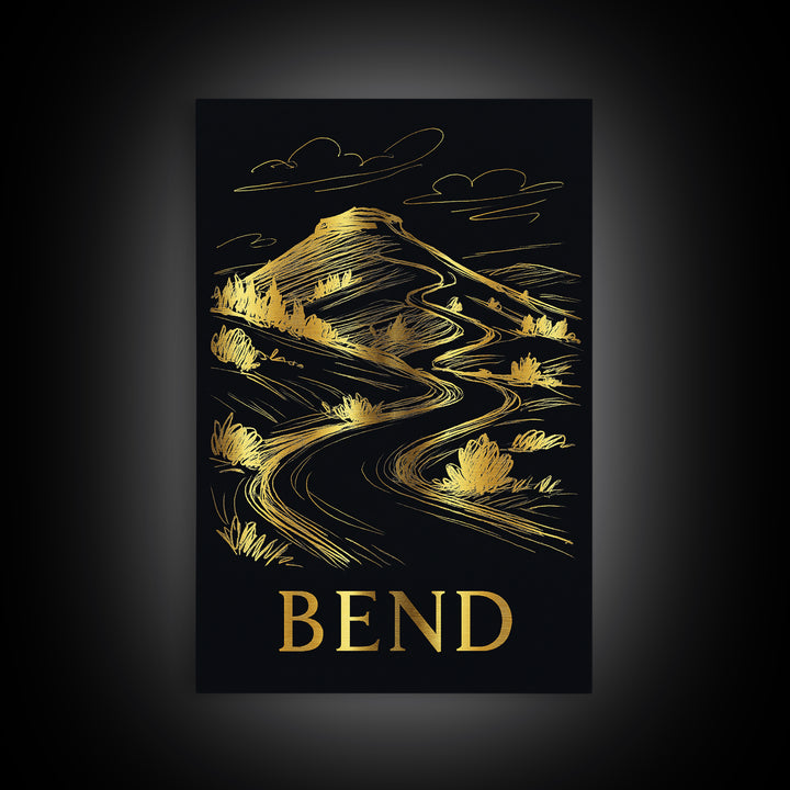 Bend Travel Poster, Framed Canvas Print, Elegant Gold City Art, Bend Wall Art, City Travel Prints, Living Room Wall Art, City Art Print