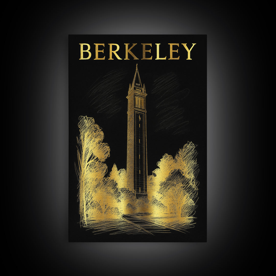 Berkeley California Travel Poster, Canvas Print, Black And Gold Line Art, Berkeley Wall Art, Retro Travel Print, Travel Poster Set